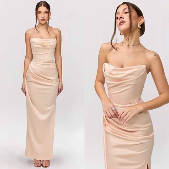 NEW NWT House Of CB Adrienne Satin Strapless Corset Maxi Gown In Champagne